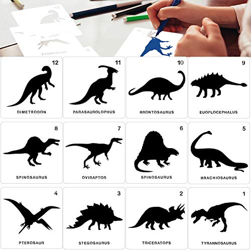 Konsait 12Pack Dinosaur Stencils Templates, Reusable Plastic Craft Drawing Painting Template for Painting on Wood,Greeting Cards, Albums, Scrapbook, Notebook, Journal, Wall Art , Cookie Home Decor