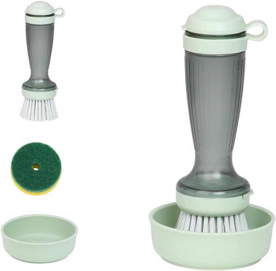 CQT Soap Dispensing Dish Brush with Built-in Handle Dispenser, Press-to-Dispense Scrubber for Kitchen Dish Cleaning