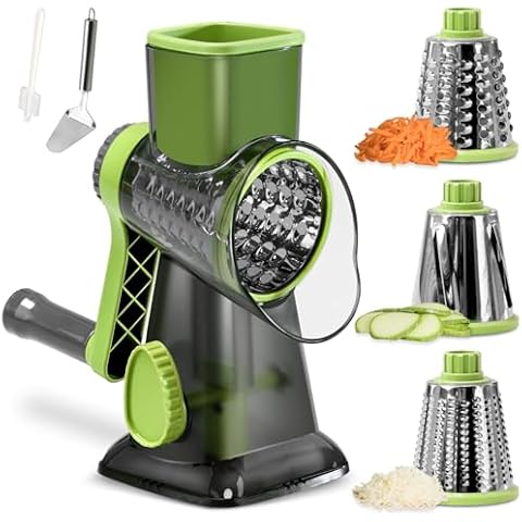 Badelite Cheese Grater Hand Crank Rotating Cheese Shredder Stainless Steel Vegetable Slicer Grater for Kitchen 3 Blades for Cheese, Carrot, Cucumber, Nuts, Chocolate, Green Cover