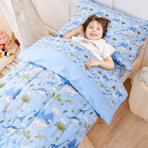 Image of lasoftan Dinosaur Toddler Bedding Set for Boys, 4 Piece Bed-in-a-Bag Toddler Comforter Sets, Super Soft and Comfortable Microfiber Todeeler Bed Set