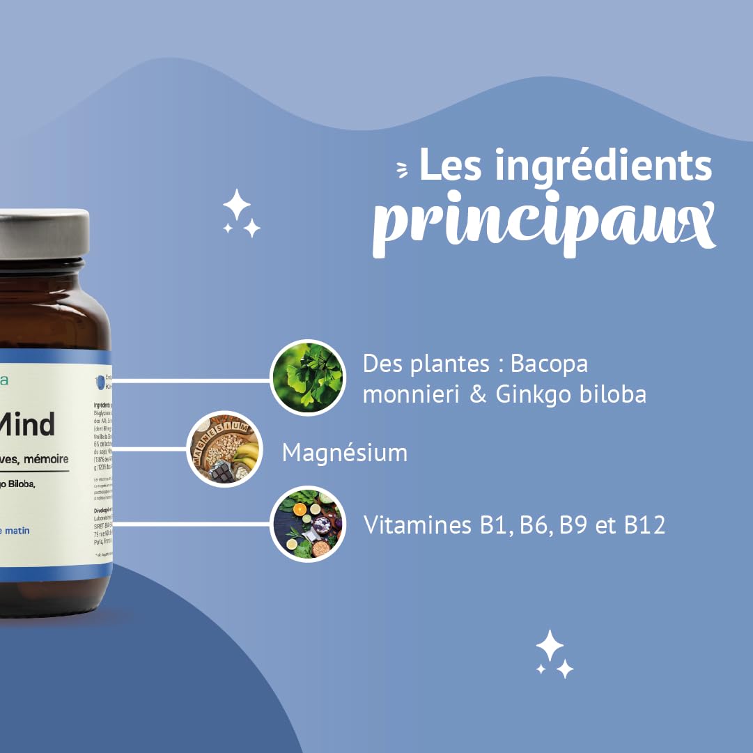 Bacopa Monnieri, Ginkgo Biloba Bio, Magnésium, Vitamine B12, B9, B1| Complément Alimentaire Anti Stress et Focus | Mémoire et Concentration | 90 Gélules Vegan Complement Fabriqué en France