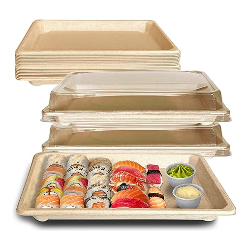 EcoQuality X-Large Compostable Sushi Trays with Lids - Natural Sugarcane Bagasse Take Out Sushi Container - Biodegradable, Disposable Sushi Plate with Lid, Eco Friendly, To go, Serving Tray (25)
