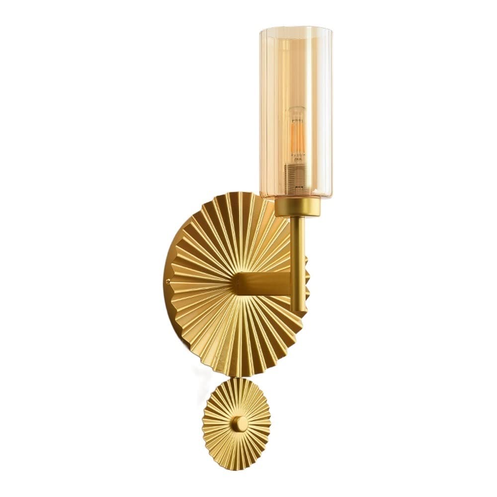 YNIYUJKL Wall Lamp, Glass Wall Lamp Modern Transparent/Amber/Gray Glass Lampshade Wall Sconce Lighting - Nordic Copper Long Arm Wall Lamps With Gold Round Decoration For Livi,Amber