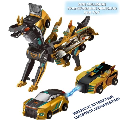 Image of Collision Transforming Dinosaur Car Toy, Magnetic Dinosaur Transformer Car for Boys & Girls Party Favors Birthday Christmas (Gold)