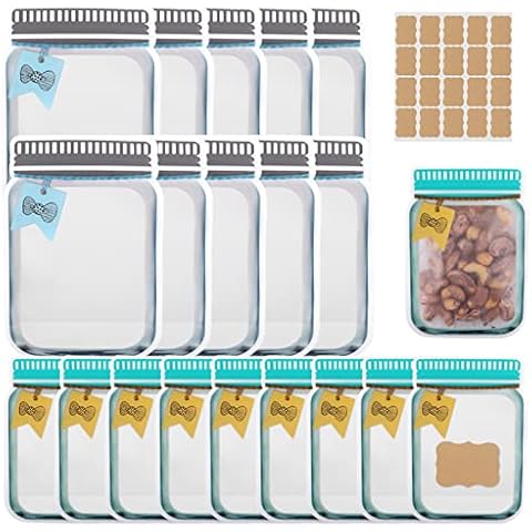 Spice Storage Bags - Tikplus 20PCS Reusable Food Bags, 2 Sizes Plastic Mason Jar Pouches 20pcs Lables, Leakproof Ziplock Seal Bag for Herb, Snack Container Cover