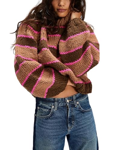 Yeokou Women Stripe Pullover Sweater Turtleneck Ribbed Knit Top Casual Fall Winter Knitwear