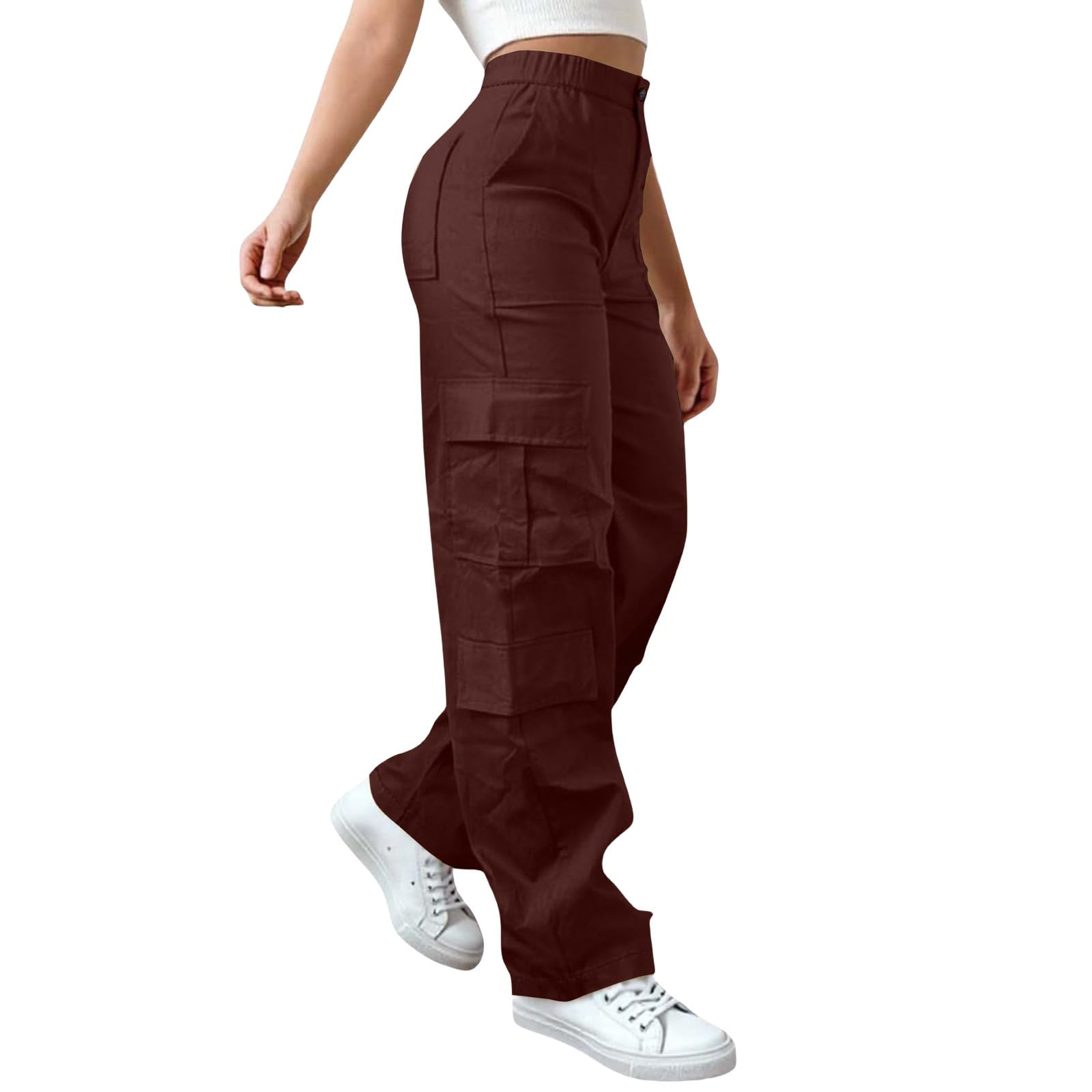 PETCDIM High Waisted Cargo Pants Women Fashion Wide Leg Y2K Pants Streetwear Baggy Stretchy Hiking Sweatpants with Pockets