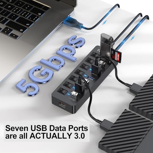 Image of Powered USB Hub 3.0, 5Gbps Data Transfer 7 Ports and 12W Charging-only 1 Port with 5V /3A Power Adapter 4Ft Long Cable & Individual Switches for Laptop PC Flash Drive External SSD HDD Keyboard Mouse