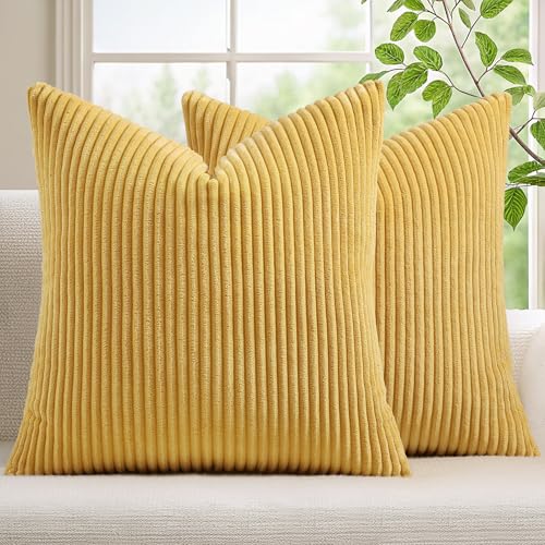 Mecatny Corduroy Decorative Throw Pillow Covers 26x26 Set of 2 for Sofa Living Room, Soft Neutral Boho Couch Pillow Covers for Home Decor, Mustard Yellow