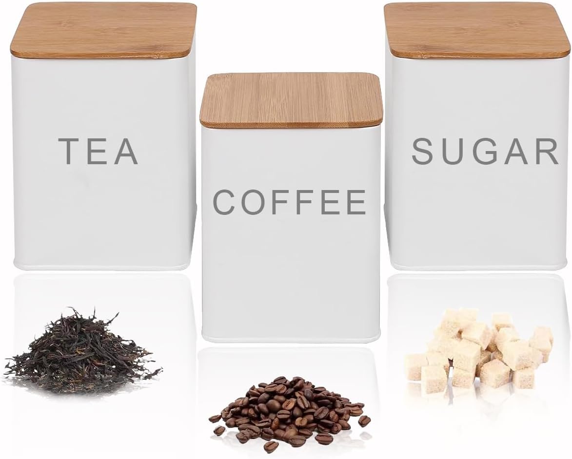 AYSUM Tea Coffee & Sugar Canisters Set of 3, Kitchen Storage Tins Storage Jar Container Set With Airtight Bamboo Lid, White - Square Jars