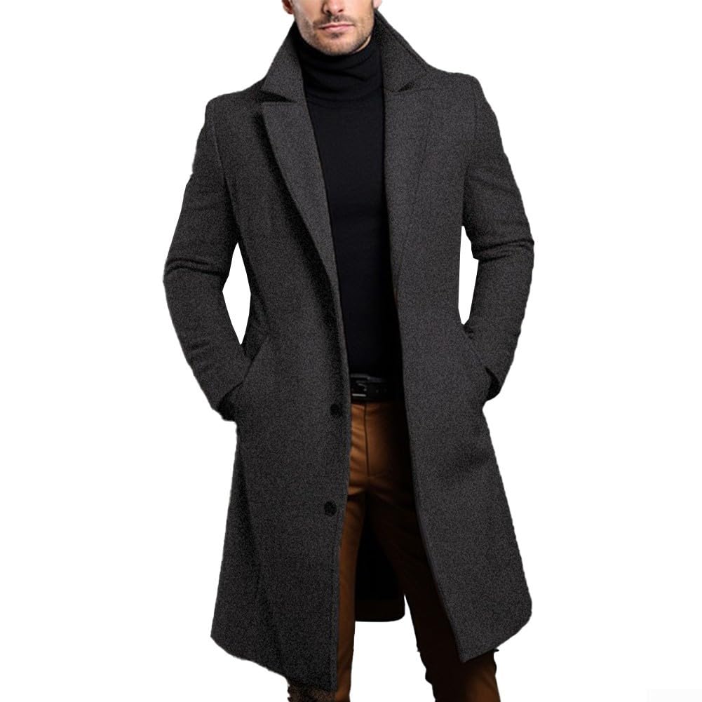 Men's Luxury Black Trench Coat, Single Breasted Long and Warm Overcoat (L Dark gray)