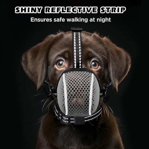 Image of Dog Muzzle,Mesh Soft Muzzle for Small Medium Large Sized Dogs, Breathable Reflective Adjustable Puppy Muzzles with Collar for Scavenging Grooming Biting Chewing,Allows Panting and Drinking(Grey L)