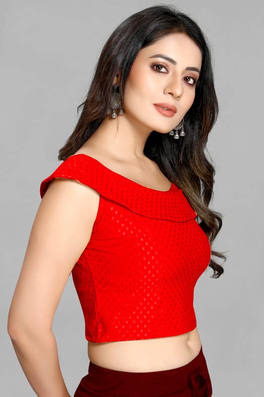 Image of Cotton Lycra Stretchable Off Sholder Short Sleeves Saree Blouse Readymade Crop Top Choli for Girls and Womens