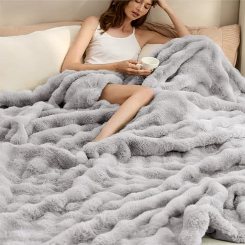Image of Bedsure Fluffy Bubble Faux Fur Queen Blanket, 90 inchx90 inch, Light Grey