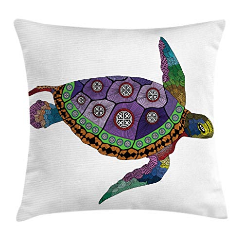 Ambesonne Psychedelic Throw Pillow Cushion Cover, Sea Turtle Colorful Ornamental Style Tattoos On Animal Art Work, Decorative Square Accent Pillow Case, 16" X 16", Purple Orange Pink #TOP24