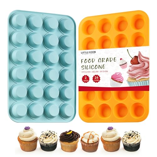 2PCS Silicone Mini Muffin & Cupcake Pan Set Little Cook 24 Cups Mini Muffin Baking Pan Non-Stick BPA Free Dishwasher Safe Perfect for Making Muffin Cakes Tart (Orange + Peacock Blue)