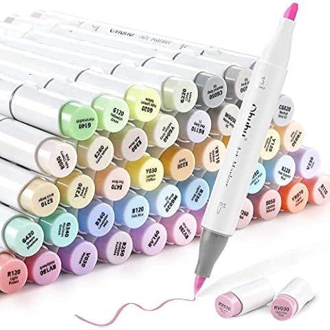 Ohuhu Pastel Markers Brush Tip - 48 Pastel Colors Double Tipped, Marker Set of Honolulu Sweetness for Artist Adults Coloring Sketching Illustration- Brush & Chisel- Alcohol-based Refillable Ink Cover