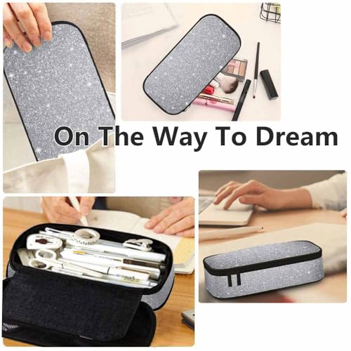 Image of Yekiua Silver Glitter (printed) Pencil Pouch Abstract Monochrome Silver Bokeh High Capacity Pencil Case Stationary Bag Cosmetics Bag