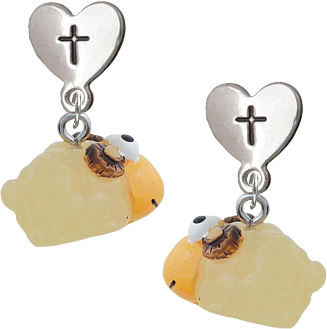 Delight Jewelry Resin Ram Silvertone Cross in Heart Post Dangle Earrings