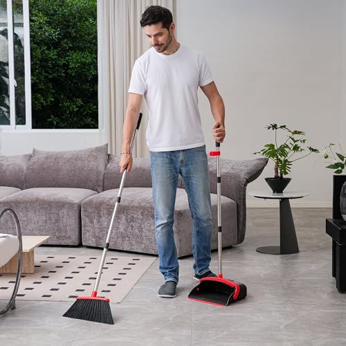 BSKLIN Besen- und Kehrschaufel-Set, Besen-Kehrschaufel-Kombi-Set für Zuhause, gewerbliche Reinigungsmittel, Winkelbesen mit langem Griff, perfekt für Innenhof, Garage, Straße (schwarz und rot) – Bild 8