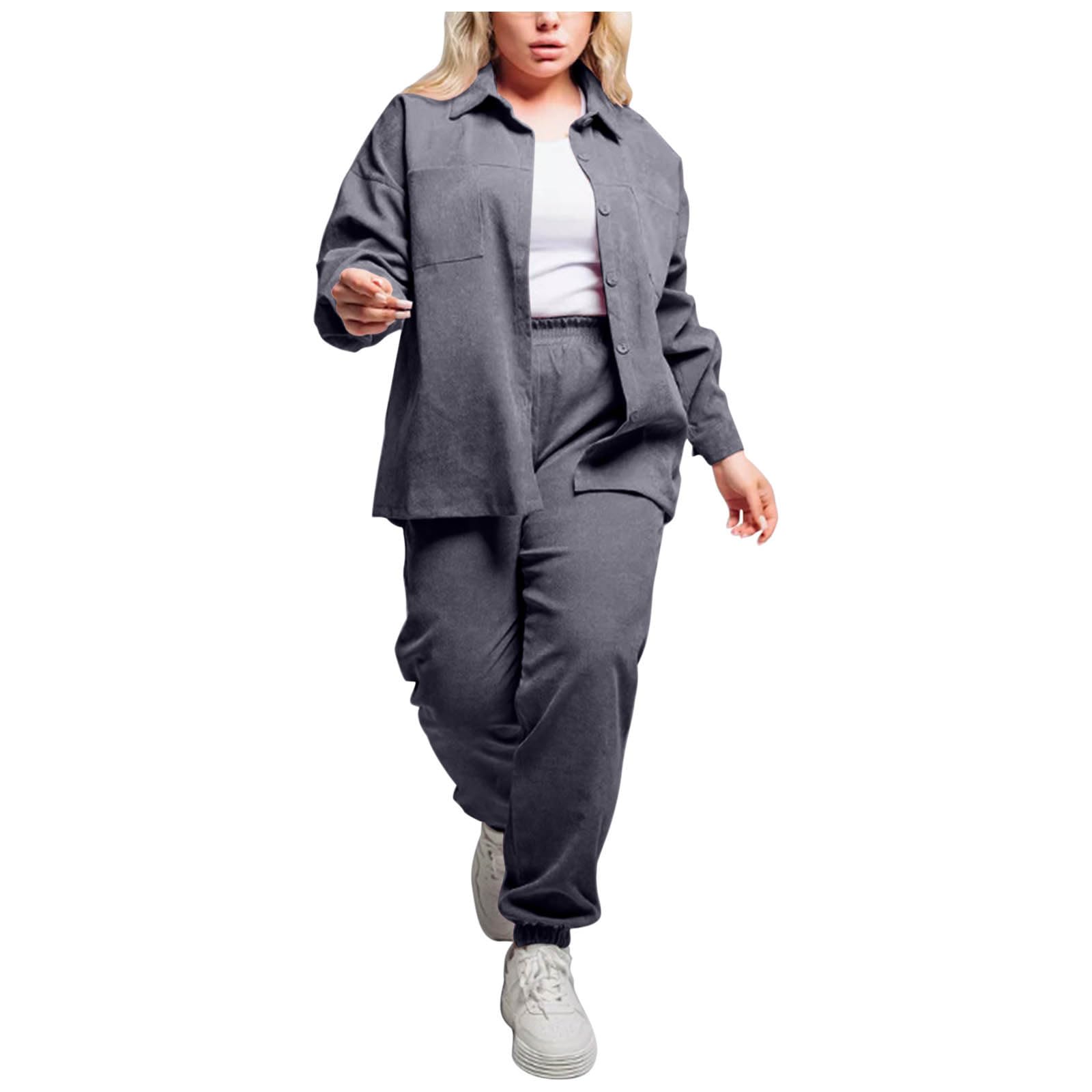 HGps8w Womens Corduroy Tracksuits Long Sleeve Loose Button Down Shirt Sweatpants 2 Piece Jogging Sweatsuit Sets