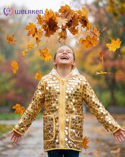 Image of WELAKEN Girls Sequin Raincoat Waterproof Reusable Hooded Outwear Rain Jacket with Lining