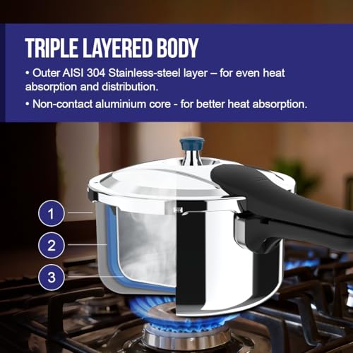 Image of Ultra Duracook Triply Duo Pressure Cooker 3.5 Litre | AISI 304 Food Grade Stainless Steel Cooker | 5 Years Warranty | Injection Moulded Handles | Induction Compatible Broad Base | Non-Stick Finish