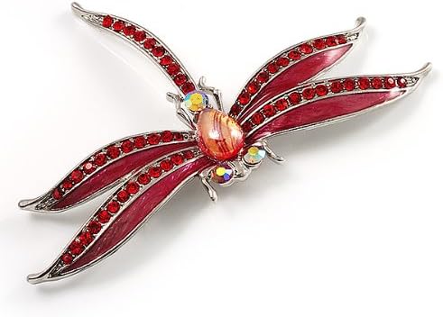 Pink-Red Enamel Dragonfly Brooch, silver, red, pink - Image 5