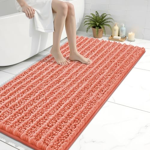 Image of Arotive Luxury Bathroom Runner Rugs 44x24, Extra Soft Thick Absorbent Shaggy Chenille Bath Rugs, Machine Wash Dry, Bath Mats for Bathroom Floor, Tub and Shower, Home Decor Accessories, Coral