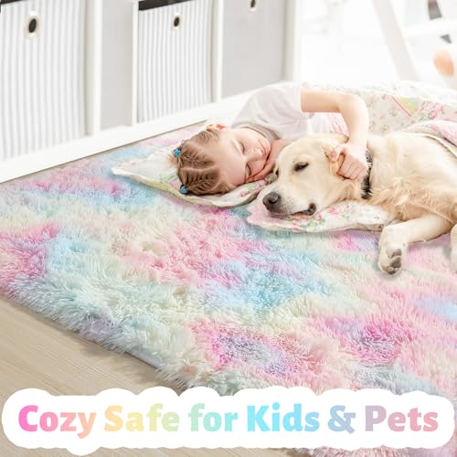 Amdrebio Rainbow Area Rugs for Girls Bedroom Kids Room Decor, 9x12 Large Pastel Colorful Rug for Playroom, Cute Unicorn Shaggy Rugs for Baby Princess, Kawaii Fluffy Plush Big Carpet for Living Room