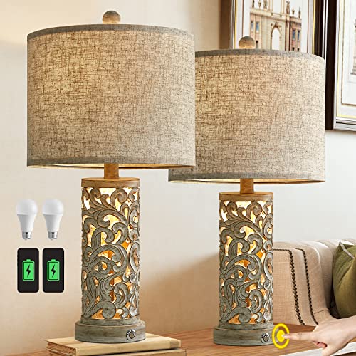 Oyears 3-Way Dimmable 22'' Table Lamp Set Of 2 For Living Room Bedroom Farmhouse Vintage Retro Bedside Lamps Touch Control With Usb Ports Linen Shade For Home Office(2 Bulbs Included) #TOP3
