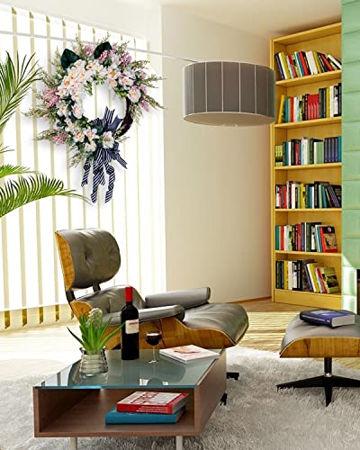 Soosubel Spring Summer Front Door Wreath, 20" Artificial Floral Wreath With Bow, Wreaths For Front Door, Window, Outdoor, Indoor Decor #TOP4