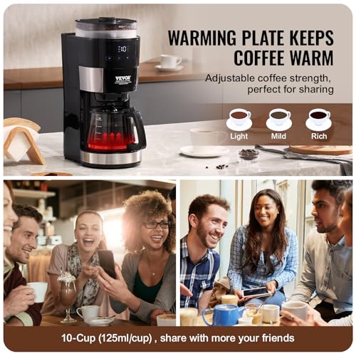 Image of VEVOR Coffee Maker with Grinder, 10 Cup Coffee Machine, Grind and Brew Coffee Maker with 3 Brew Strength Control, Adjustable Grinding Coarseness, for Home Office Restaurant