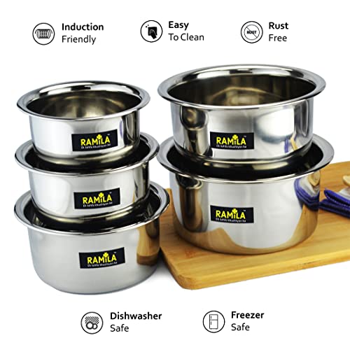 Ramila Stainless Steel Kitchen Tope Induction & Standard Utensils Cookware Set - 5 Capacity 2-Liter,1.5-Liter, 1-Liter, 0.75-Liter, 0.50-Liter - Image 3