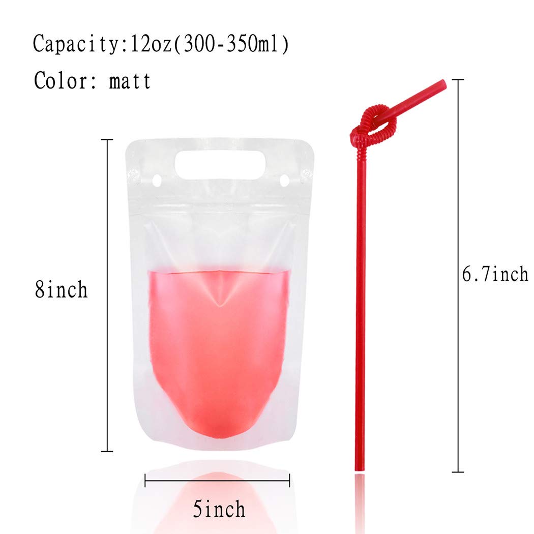 50PCS Drink Pouches For Adults,Reusable Ziplock Bags With 50PCS Reusable Straws For Alcohol Drink Freezable Hand-Held Juice Container For Cold & Hot Smoothie (12OZ, Translucent Frosted)