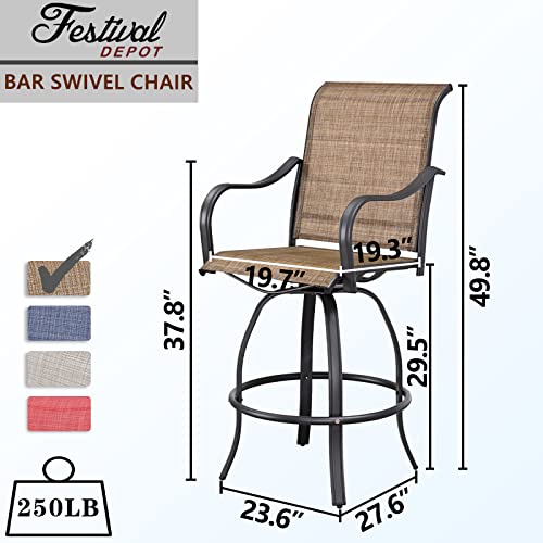 Festival Depot 2Pcs Bar Height Stools Textilene Fabric High Back Swivel Chairs Patio Dining Chairs Metal Outdoor Furniture For Bistro Lawn (Brown) #TOP1