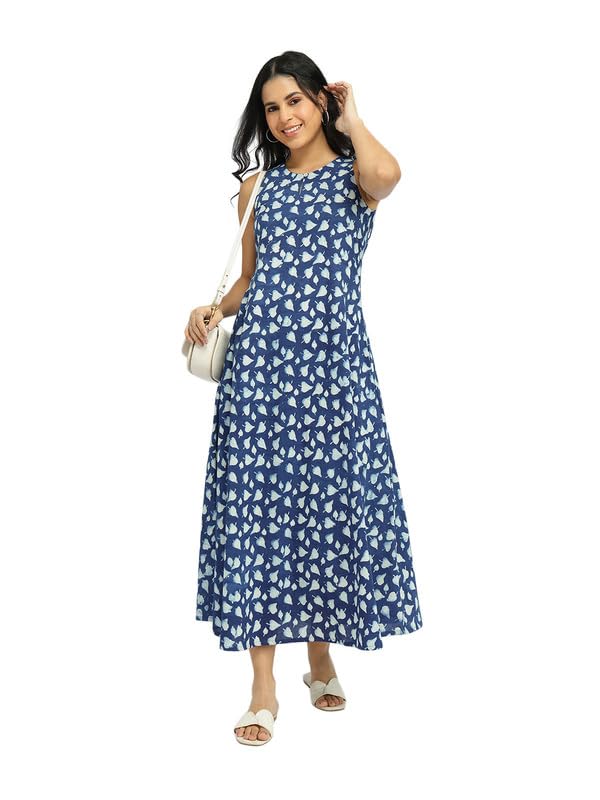 Image of Pink Fort Women Casual Dress | Cotton Fit & Flare Sleeveless Round Neck Midi | Breathable Fabric with Pockets for Summer
