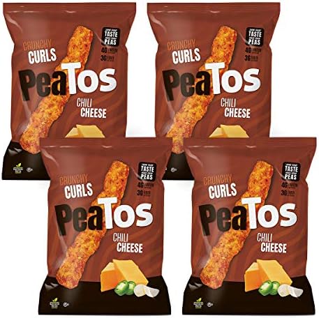 Peatos Crunchy Puffs Snacks, Chili Cheese, 3 Ounce (4 Count), Hearty Chili Taste, Made With Real Cheese, 4g Protein and 3g Fiber, Pea Plant Protein Snack
