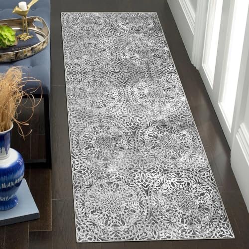 vivorug Runner Rug 2'x7' Machine Washable Non-Slip Runners for Hallways Kitchen Entryway Laundry Room Vintage Medallion Carpet Hallway Runner Grey