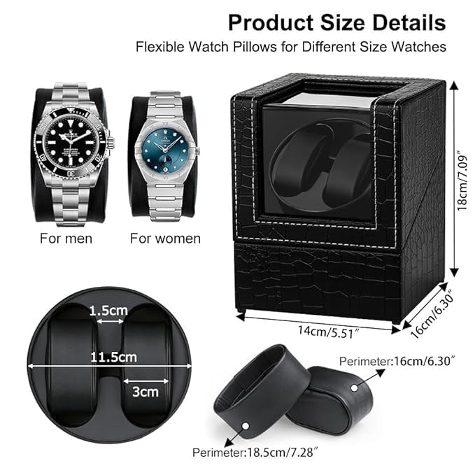 Image of Double Automatic Watch Winder Box, Automatic Watch Display Storage Rotation Wristwatch Box with 2 Slots-Black (CROC)