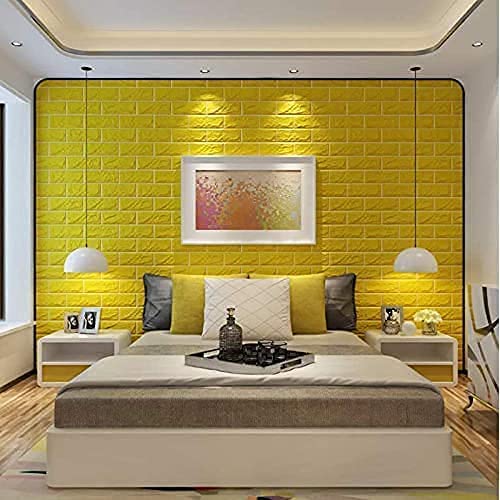 Image of POZET 3D Brick Wallpaper PE Foam self Adhesive Brick Design Wall Stickers /DIY Wallpaper for Home Hotel Living Room Bedroom Cafe Deco (70 x 77 cm) (Yellow) Pack of 6