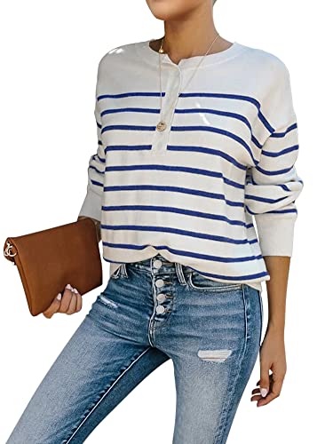 Womens Striped Henley Sweaters Soft Lightweight Long Sleeve Crew Neck Loose Fit Knit Pullover Tops2