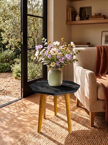 Image of Modern Octagon Side Table with 3 Wooden Legs, Minimalist End Table /Coffee Table for Living Room, Bedside Nightstand for Bedroom, Balcony & Small Spaces
