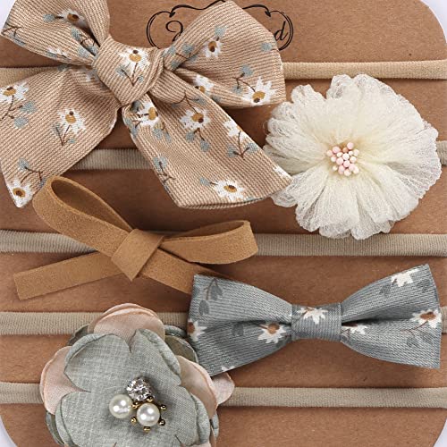 5 Pieces Baby Girls Headbands Nylon Hairband Ribbon Newborn Hair Bows Handmade Hair Accessories for Infant Toddler, Type B4