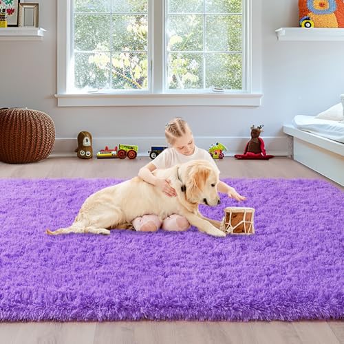 Fluffy Shag Rug, 5x7 Purple Indoor Modern Shaggy Area Rug, Non-Slip Rectangular Fuzzy Carpet for Girls Kids Nursery Bedroom Living Room, Soft Plush Rug for Home Decor