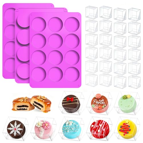 MGWOTH Chocolate Covered Mold Set: 3PCS Silicone Cookie Mold with 50 Clear Treat Boxes Round Baking Mold for Oreos Candy Rice Crispy Mini Cake Individually Wrapped Cakesicle Party Favor Packaging