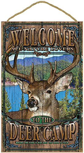 SJT ENTERPRISES, INC. Deer Camp Welcome 10" x 16" Rustic Wood Plaque Sign Featuring The Artwork of Michael Messina (SJT96303)