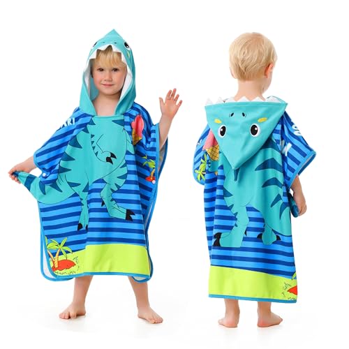 Image of LOLANTA Toddler Bath Towels Dinosaur Beach Poncho Towel Summer Terry Cloth Swim Cover Up Kids Hooded Towel (Dino, 4-6 Years