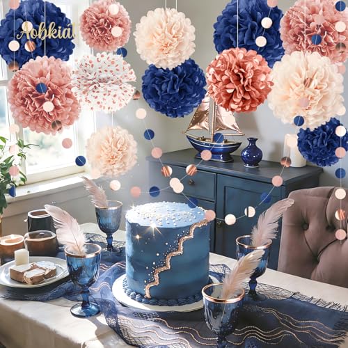 Image of AOBKIAT Rose Gold and Navy Blue Party Decorations Set,15PCS | with Paper Pom Poms,Garland for Women Mother,Engagement Anniversary,30th,40th,50th,60th,Birthday Party