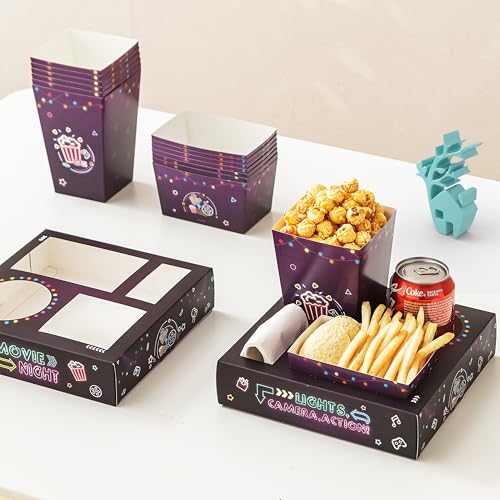 Baffect Movie Night Snack Trays 40 pcs Include 10 Neon Movie Night Trays 10 Popcorn Boxes 10 Salad Bowls 10 Movie Party Invitations Outdoor Movie Night Supplies For Nacho Bar (Black & Purple)